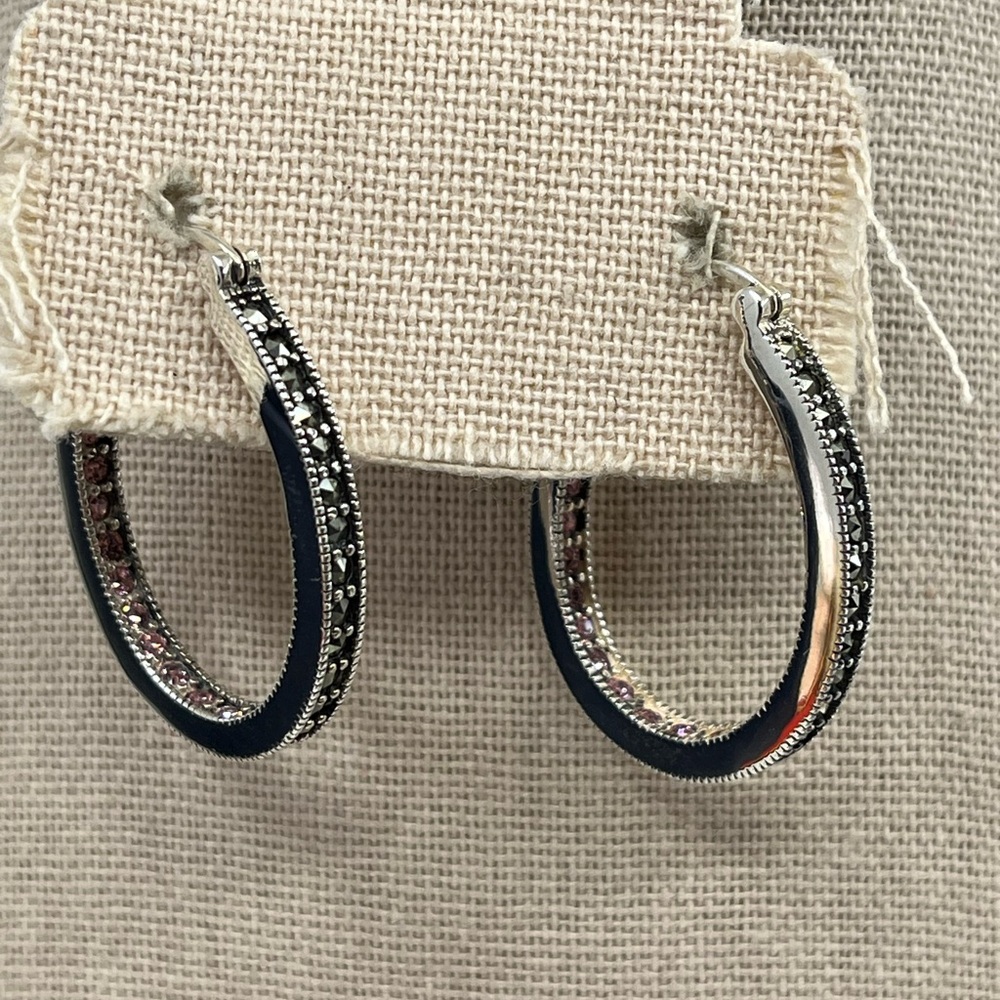 Vintage Suspicion 925 Sterling Silver Marcasite Hoop Earrings with Purple Gems - Picture 11 of 17